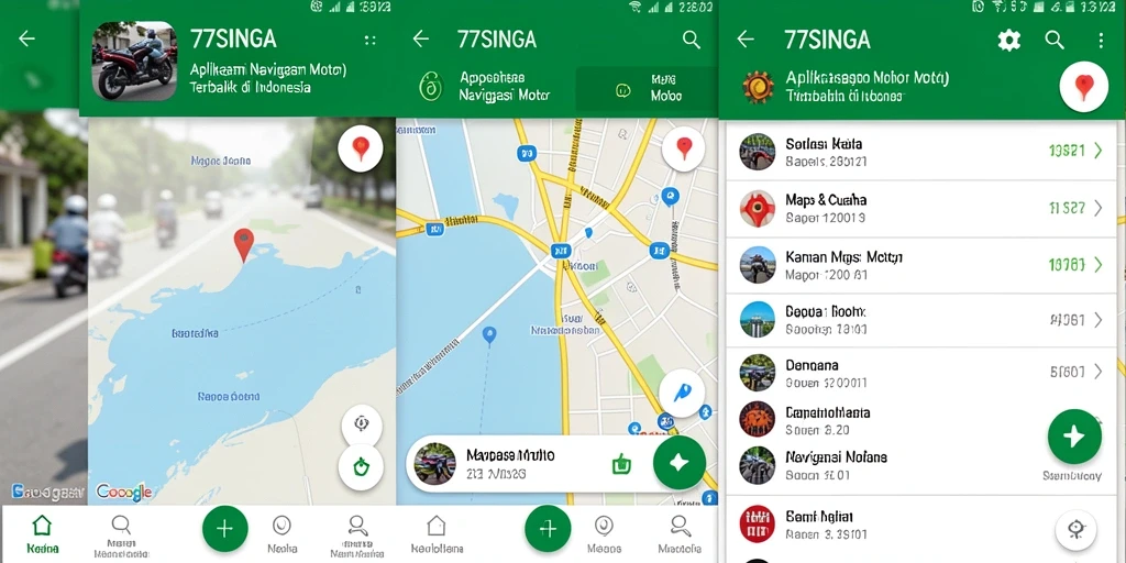 Antarmuka aplikasi 77SINGA menunjukkan rute navigasi motor yang akurat.