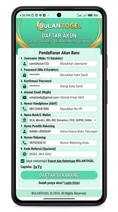 Tampilan halaman daftar bulantogel